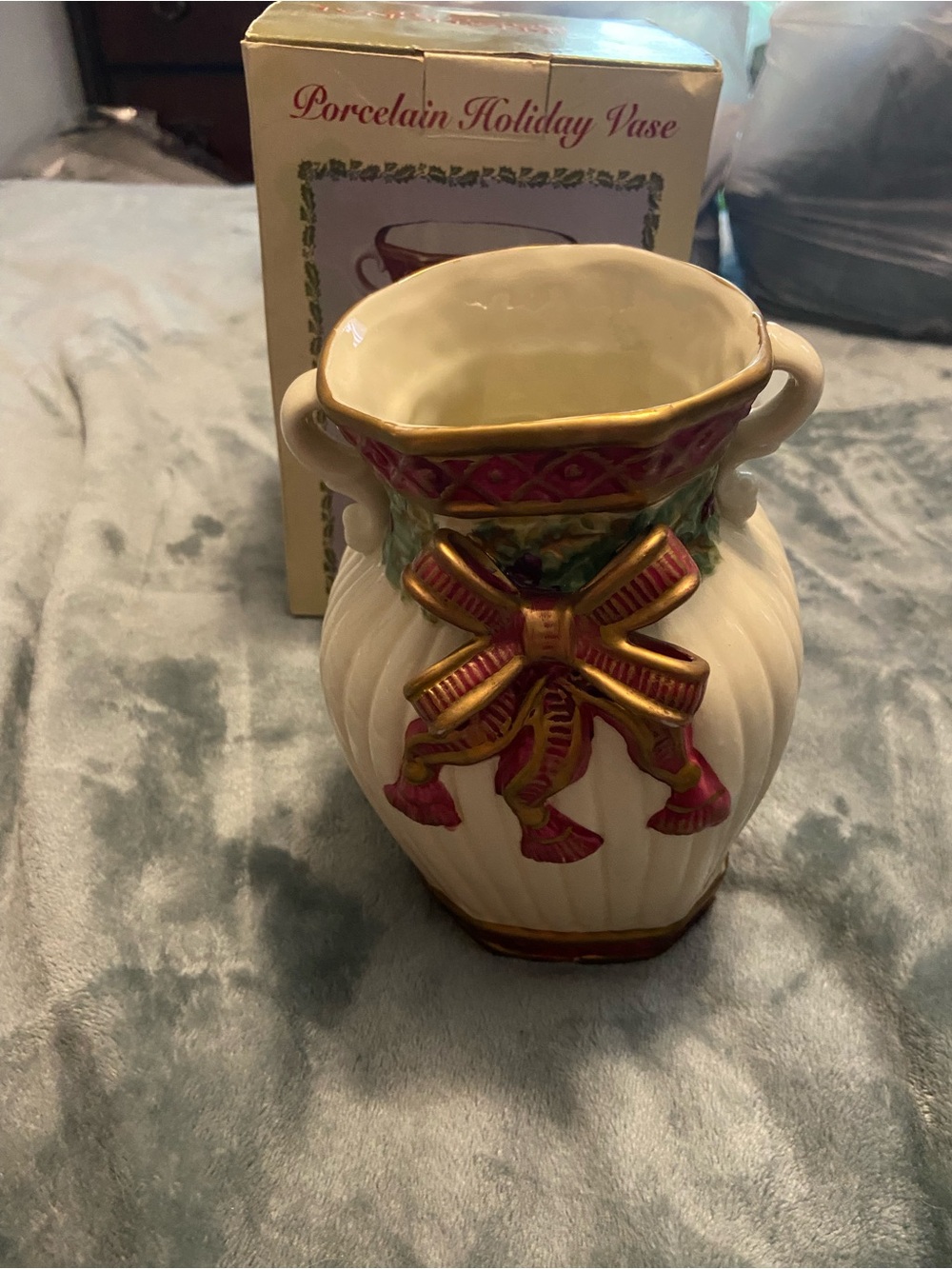 Porcelain Holiday Vase with Gold-Trim Red Ribbon Accent